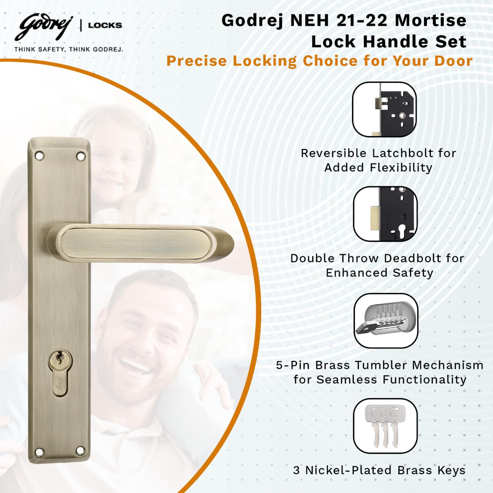 Godrej Mortise Lock|Handle Lock Set for Main & Internal Door of Home & Offices|NEH 21|Antique Brass Finish|10 inch Lockbody|60 mm Cylinder Key from Outside knob from Inside & 3 Keys|5 Years Warranty